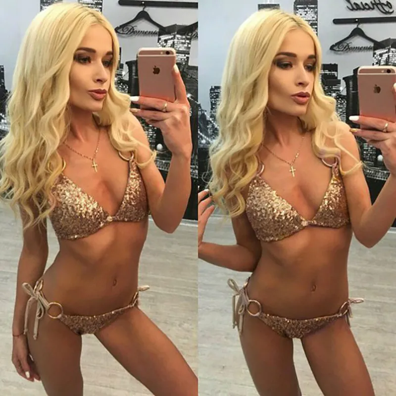 Two Pieces Women Swimsuit Bandage Gold Girls Bikini Push Up Women Swimwear 2018 New Sexy shining Swimsuit Beach Biquini Set