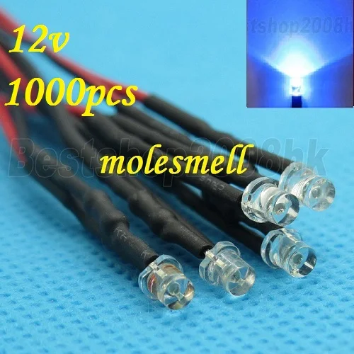 Free shipping 1000pcs 3mm 12v Flat Top Blue LED Lamp Light Set Pre-Wired 3mm 12V DC Wired 3mm big/wide angle blue 12v led