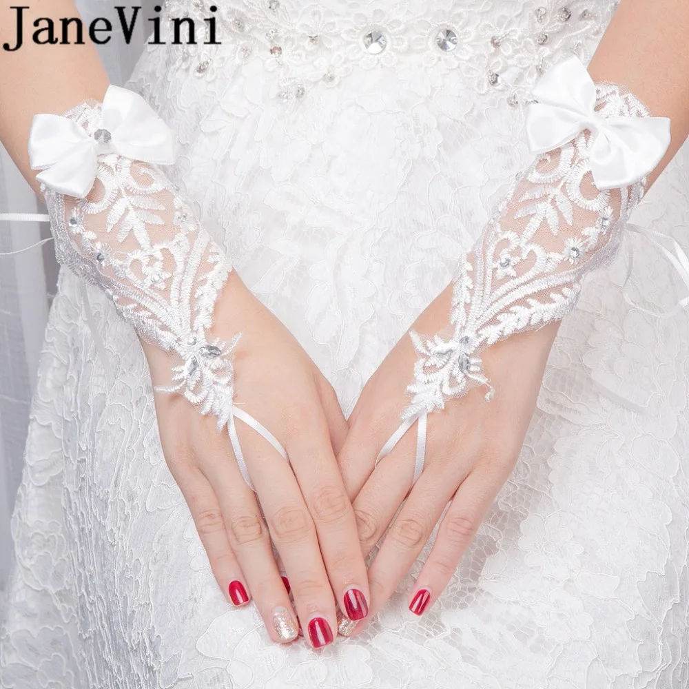 JaneVini-guantes de boda de longitud corta para novia, accesorio de encaje con lazo de cuentas, sin dedos, 2018