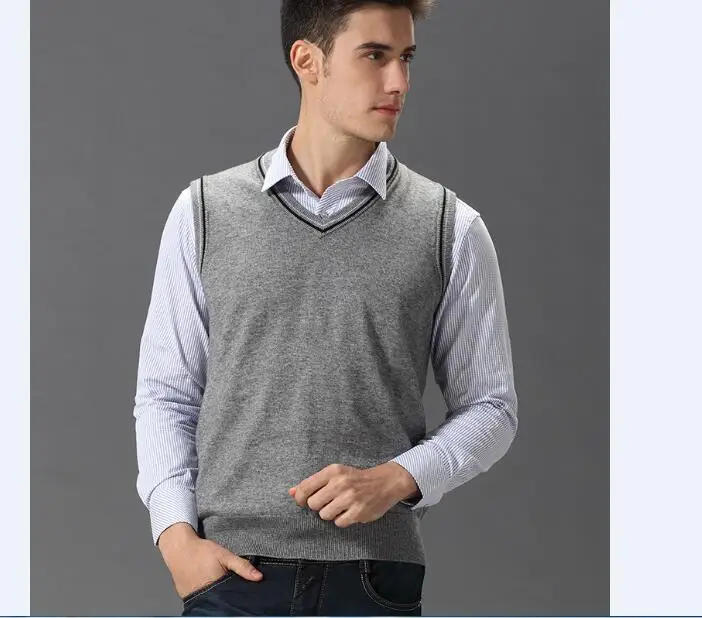 

High quality mens wool sweater vest causal office man v-neck knit vest solid color sleeveless sweater pullovers
