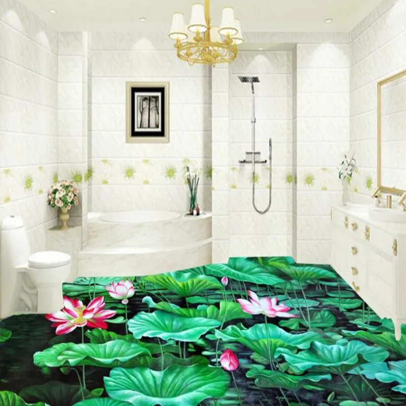 

beibehang Custom murals 3D outdoor painting lotus pond moonlight bathroom floor thickening waterproof wear pvc floor stickers