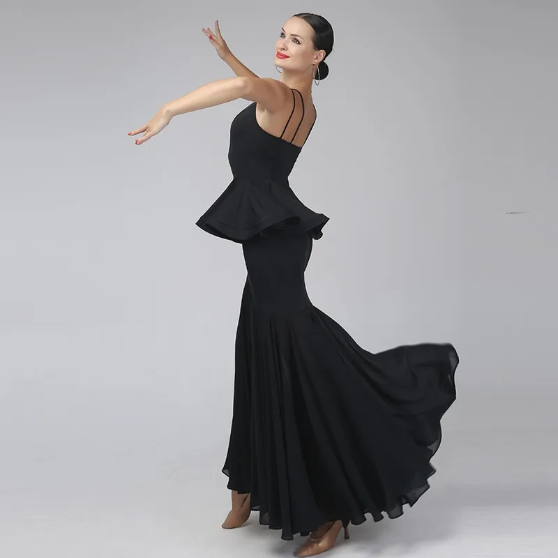 Robe de danse moderne noire, robe standard de salle de bal, robes de concours de danse à franges, robe de valse flamenco