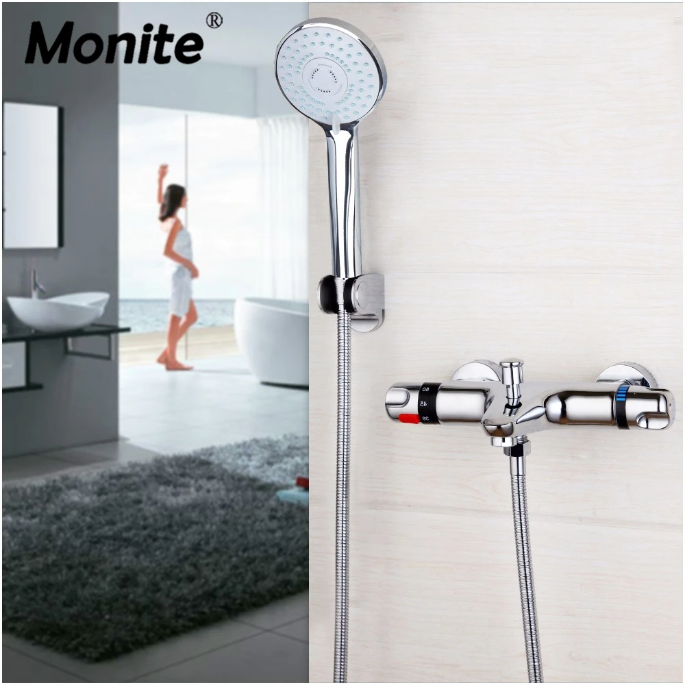 

Monite Solid Brass Wall Mounted Thermostatic Mixer Taps Basin Faucet Set Exposed Hand Shower Faucet Chrome Brass Bathtub Sink