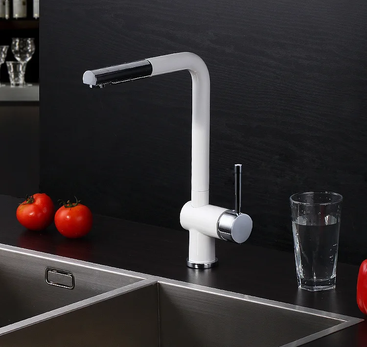 2016 new design pull out kitchen faucet 100% brass single hole sink taps thermostatic mixer white lacquer painted facuet