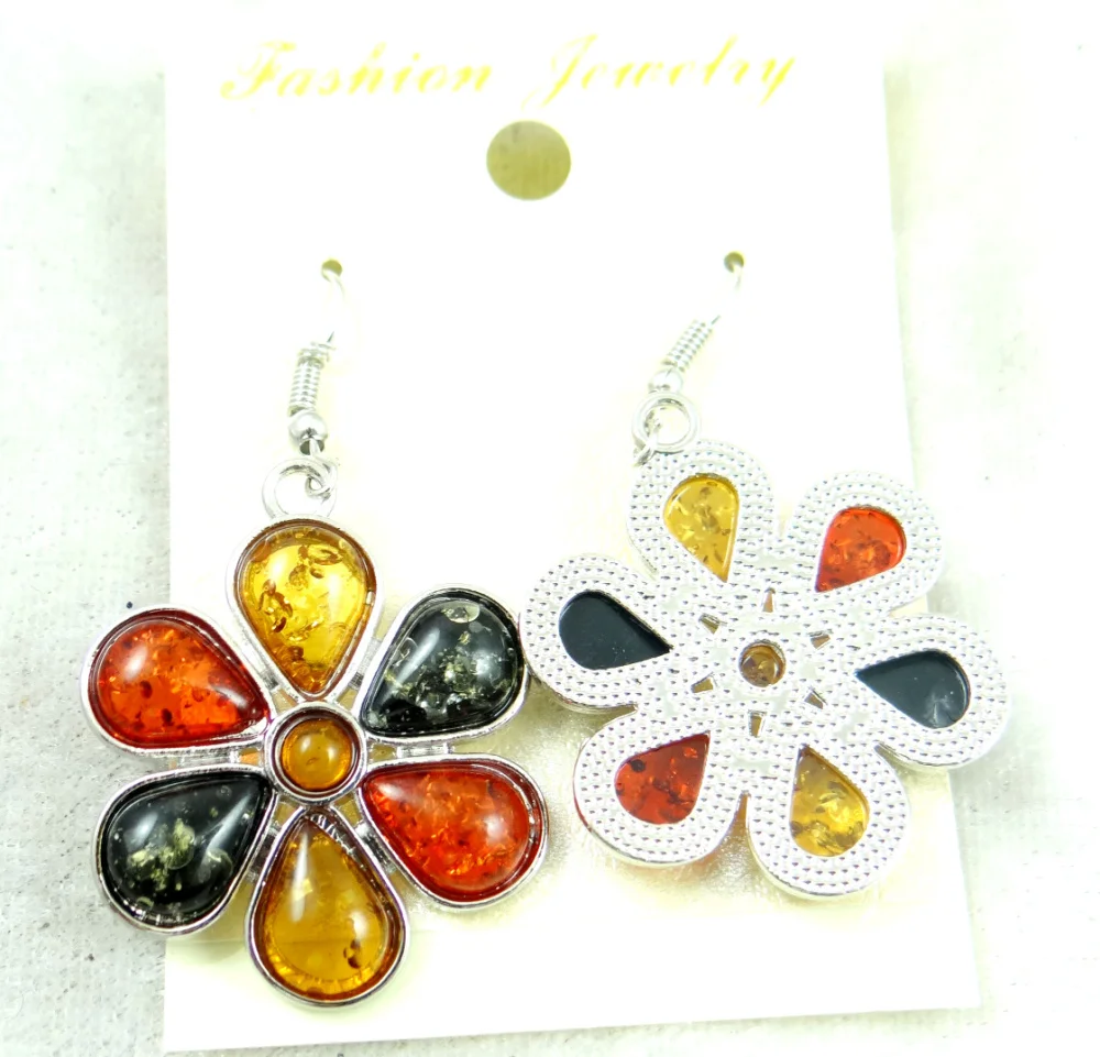 wholesale Natural Precious Modernist Flower pattern TEARDROP GOLDEN HONEY PRESSED AMBERS Jewelry making earring Q25