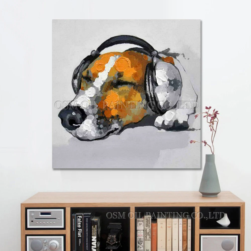 Skilled Artist Handmade High Quality Abstract Dog Oil Painting on Canvas Funny Dog Listening Music Oil Painting for Living Room