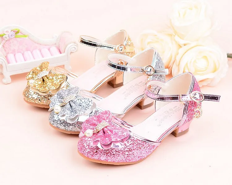 Summer girl shoes High Heels Princess Sandals Kids Wedding Beading Bowtie Shoes for Children Pink Gold Silver school dance shoe