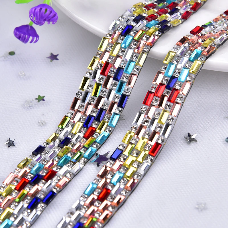 ผสมสี Hotfix Rhinestone Trimming สี่เหลี่ยมผืนผ้าแก้วคริสตัลหินแถบ Transfer Iron บนเสื้อผ้ารองเท้ากระเป๋าตกแต่ง