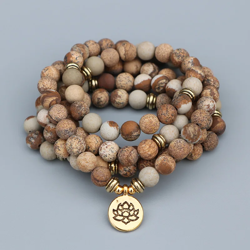 

EDOTHALIA Classic 108 Beads Natural Stone Yoga Mala Bracelets For Women Men Lover's Gift 8MM Matte Picture Stone Bead Bracelet