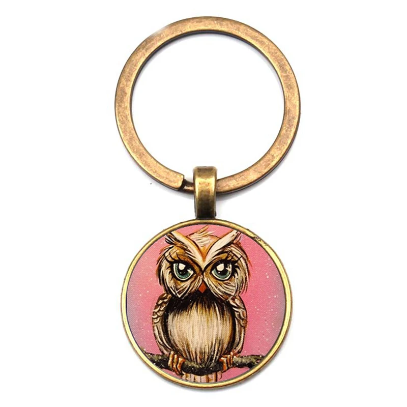 Fashion Cute Owl Art Pattern Keychain Concave Glass Pendant Key Ring Charm Men and Women Children Key Chain Gift Party Souvenir