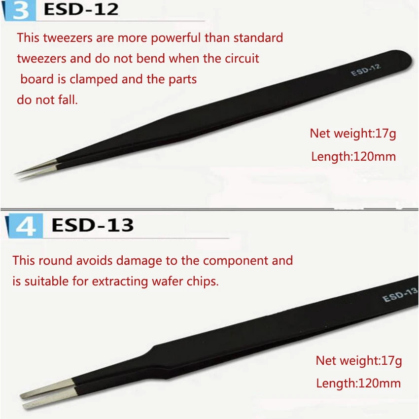 6ชิ้น/เซ็ต Precision แหนบสแตนเลสสตีลแหนบชุดสำหรับ BGA Work Repair เครื่องมือ ESD-10,11,12,13,14,15