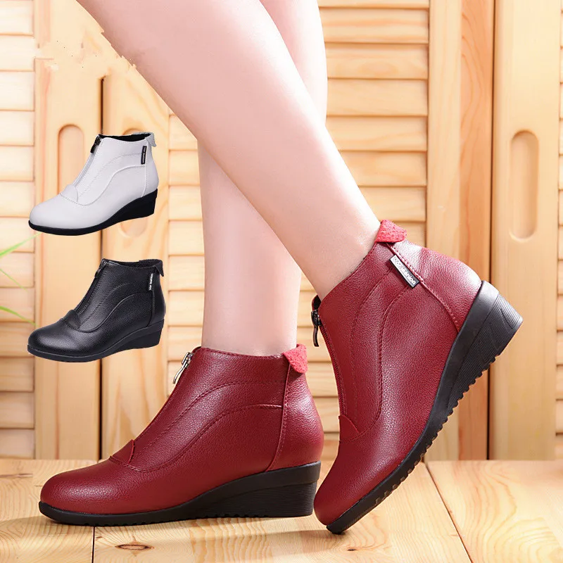 Fashion Women's Boots Woman soft Leather Ankle Boots women warm plush winter shoes Woman Snow Comfortable Dance boots