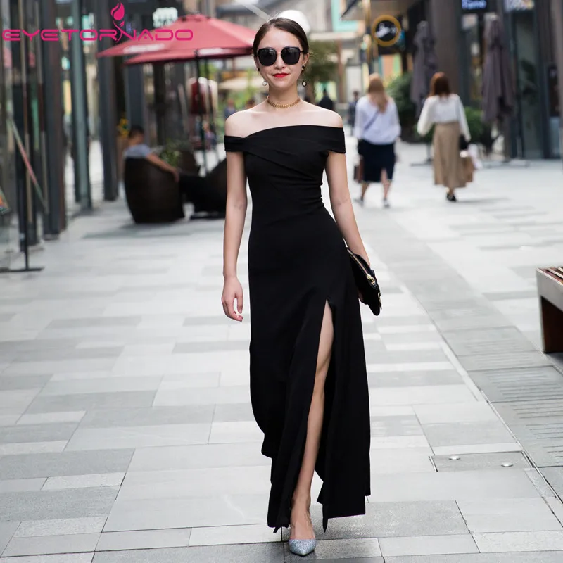 

Women's Sexy Slash Neck Party Formal Dress Off The Shoulder Long, Work Office High Split Club Maxi Dresses Black E6060