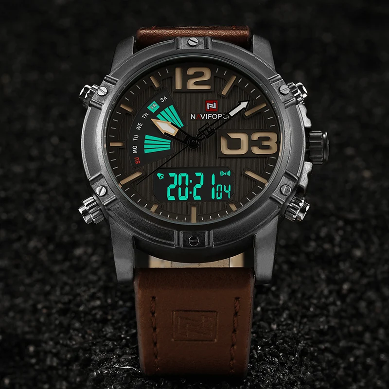 2017 NAVIFORCE Deporte de La Manera de Los Hombres Relojes de Los Hombres de Cuarzo Analógico LED Reloj Hombre Militar de Cuero Impermeable Reloj