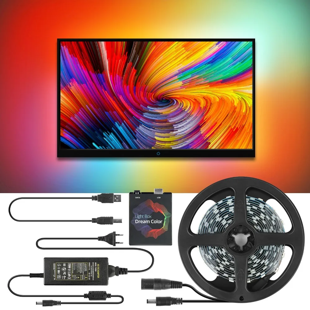 Tira de luces LED USB de 5V WS2812B, Kit de TV ambiental de Color de sueño 5050 RGB para iluminación de fondo de pantalla de PC de escritorio, 1M,