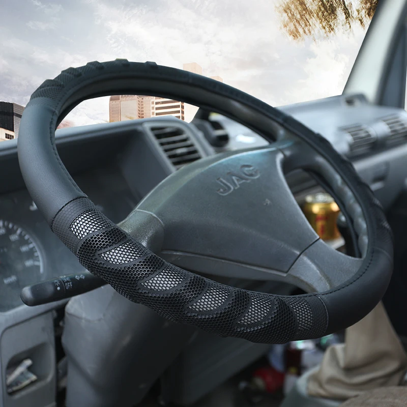 Czarna PU skórzana obudowa na przyciski na kierownicy do samochodu ciężarowego 36 38 40 42 45 47 50cm średnica Auto pokrowiec na kierownicę