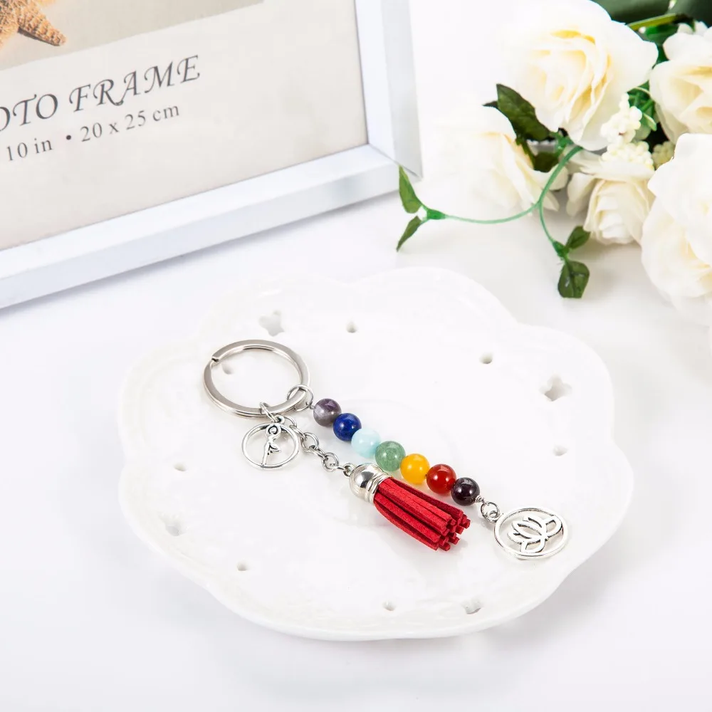 Chakra Sleutelhanger Kleurrijke Steen Kralen 7 Chakra Yoga Fitness Sleutelhangers Lotus Kwast Sleutelhangers Mode Sieraden