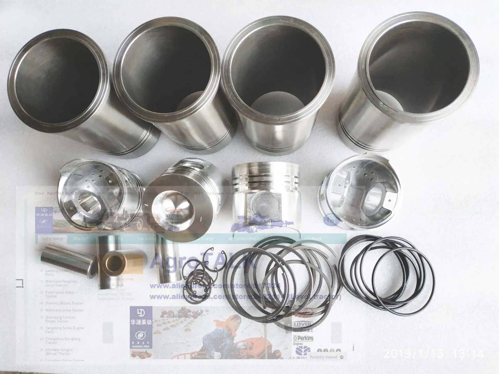 

set of piston, piston rings, cylinder liners, piston pins, circlips, seals for Fujian Lijia engine SL4105BT2S-1, part number: