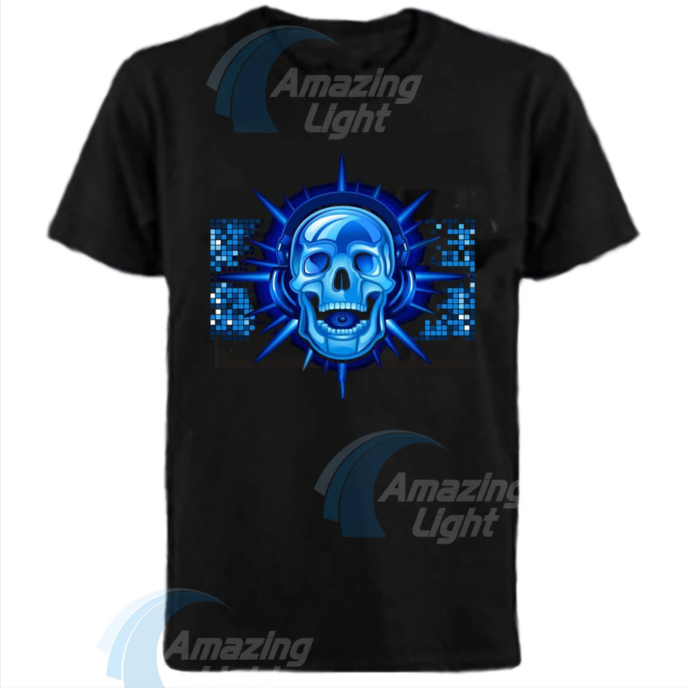 Blue Skull Sound Activated Flashing EL T-Shirt Light Up Down Music Party Equalizer unisex LED T-Shirt