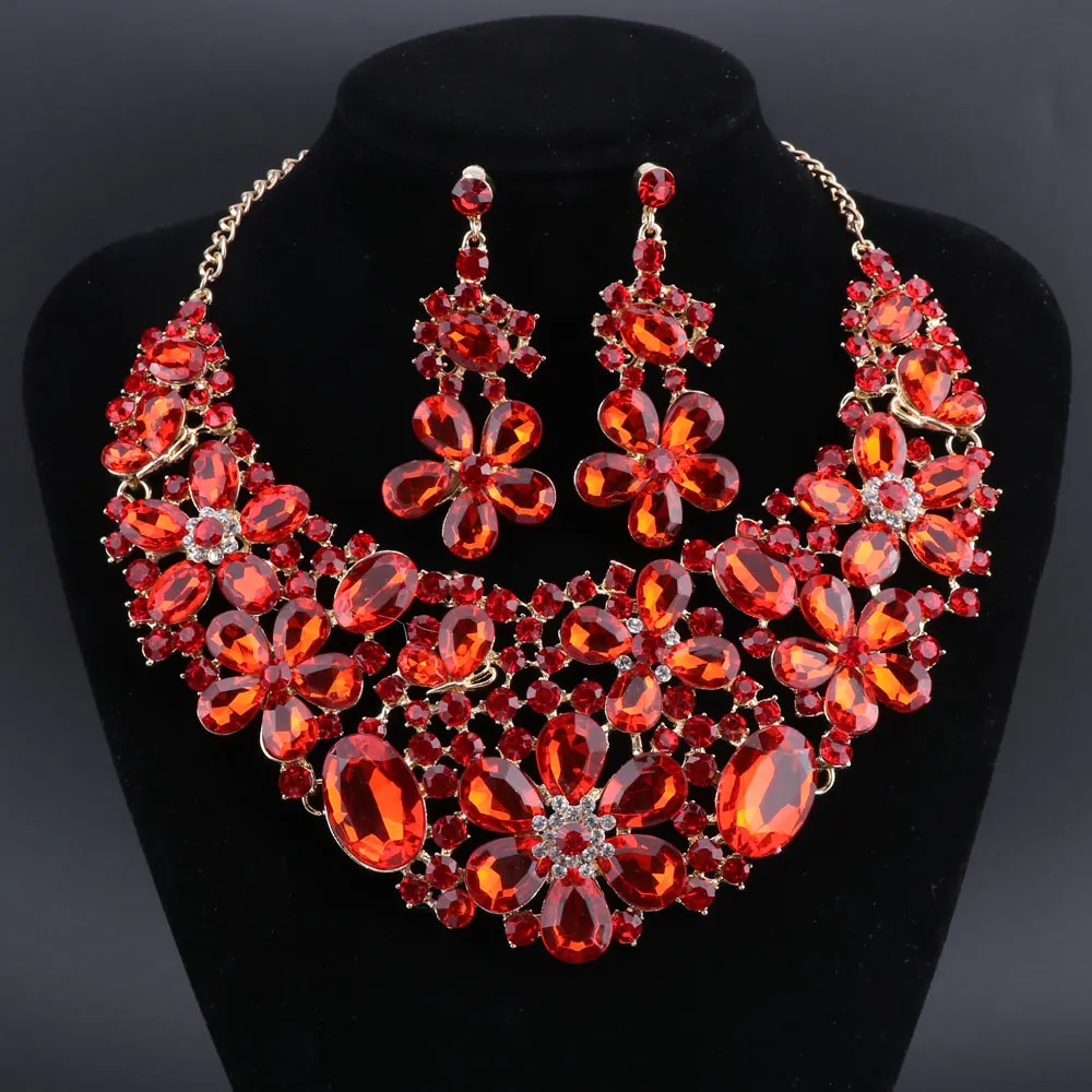 OEOEOS Gold Color Luxury Crystal Bridal Jewelry Sets Flower Shaped Rhinestone Necklace Earrings Prom Wedding Jewelry Sets