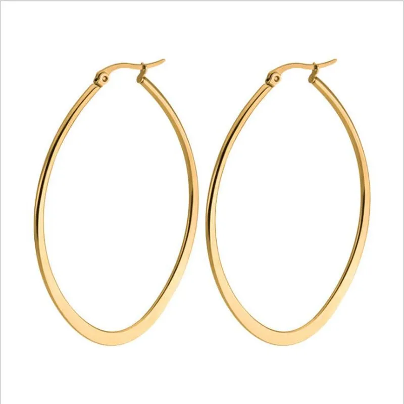 HE07 Titanium Hyperbole Big Hoop Earrings Shape Oval 60mm 316l Stainless Steel Earring IP Plating No Fade Allergy Free