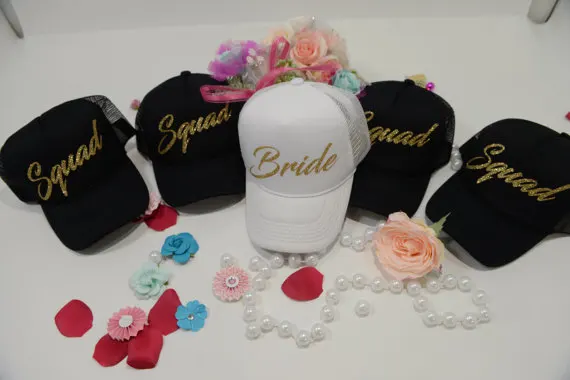 custom glitter GOLD Bride squad Bridesmaid Trucker Rapper Caps Hats Bachelorette wedding Party decorations gift