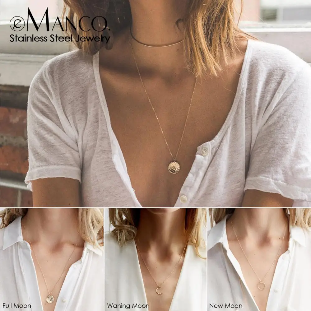 e-Manco korean style chain chocker necklace women moon pendant stainless steel necklace for women fashion jewelry