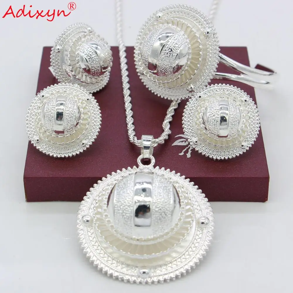 Adixyn Silver Ethiopian Necklace/Pendant/Earrings/Ring/Bangle Jewelry sets Silver Color Habesha African Wedding Gifts N06155