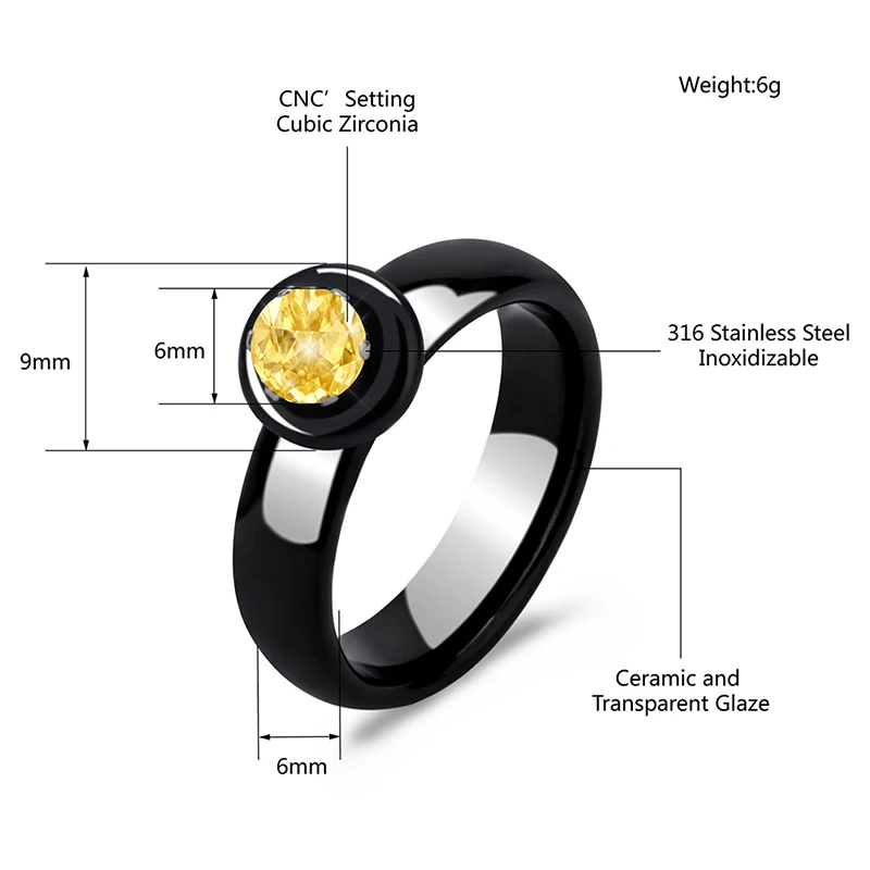 Real Natural Ceramic Filled Yellow Round Zircon Wedding Ring For Women Men Fashion Jewelry Smooth Ceramic Wedding Ring One Ring