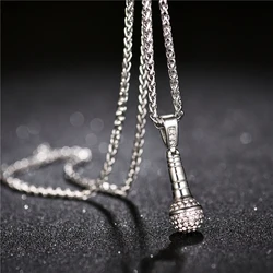 Rock Punk Microphone Pendant Necklace Men/Women Stainless Steel Micro Pave Cubic Zircon Gold Color Plated Necklace