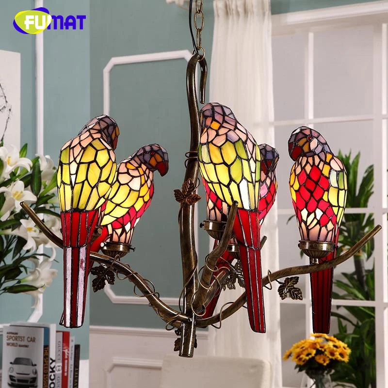 FUMAT Parrot Pendant Lights Garden Tiffany Creative Stained Glass Lamp For Living Room European Bar Parrot Birds Pendant Lights