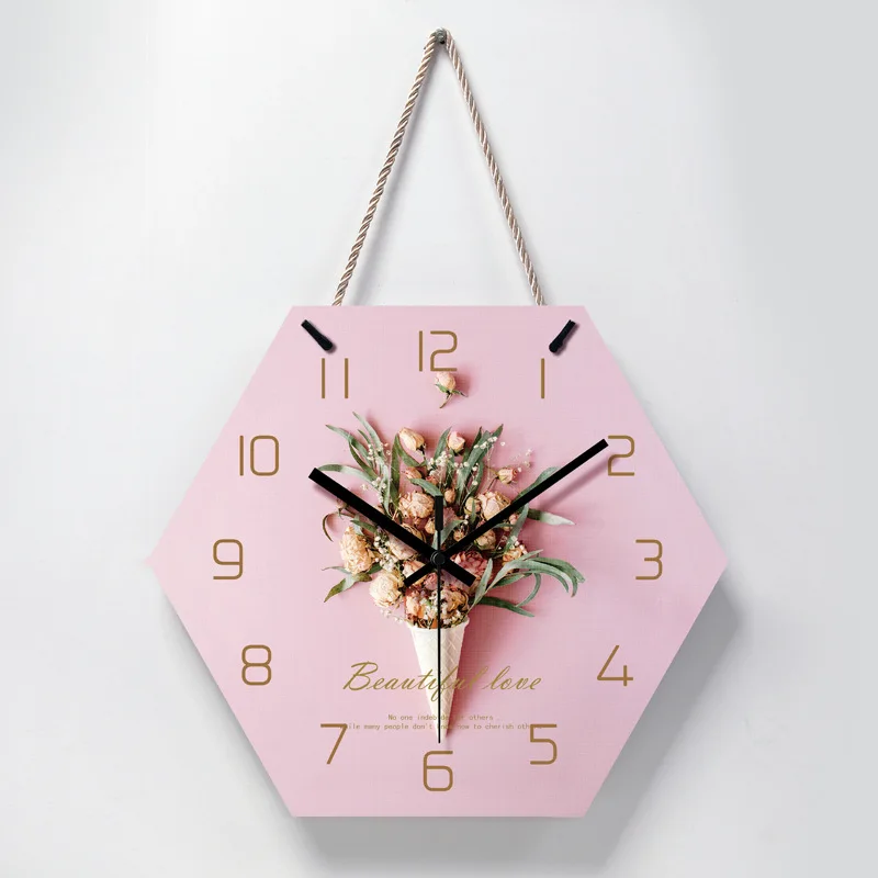 Beautiful art hexagon pink home wall clock Brief flower pattern office decoration wall clock NO Frame