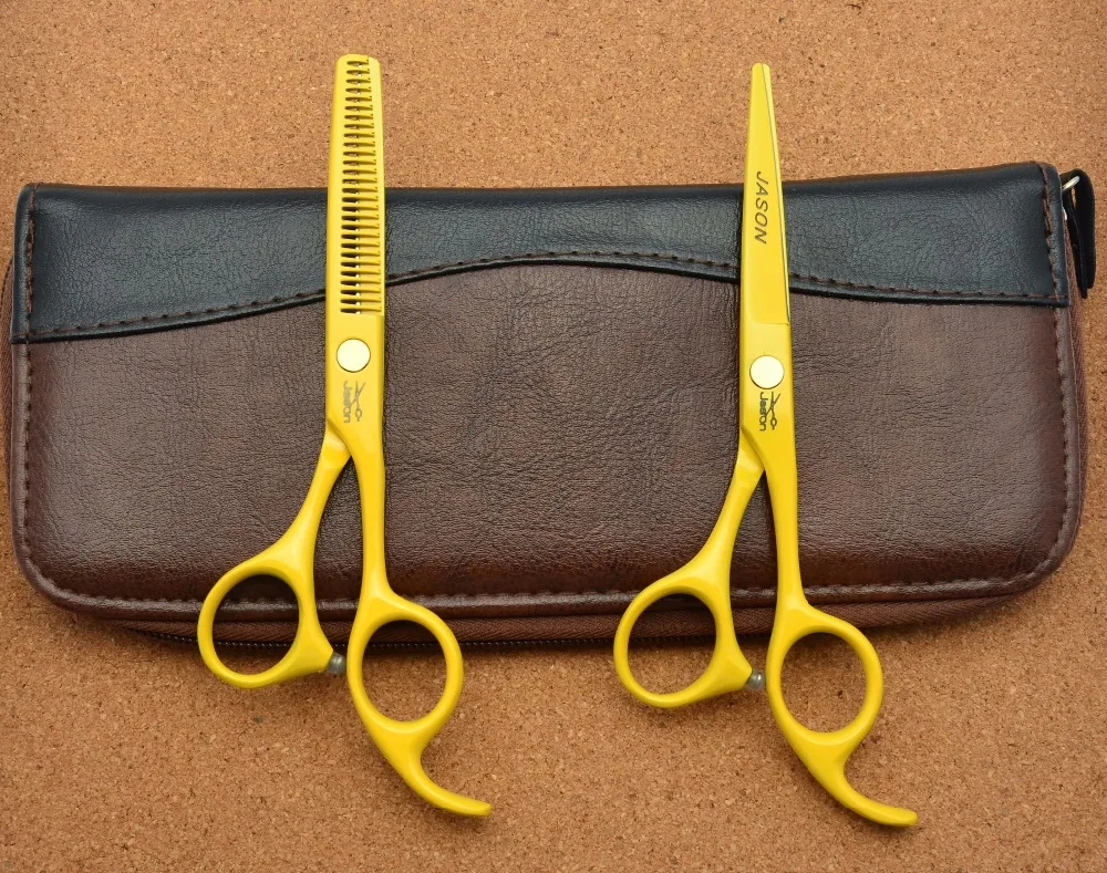 311# 5.5'' Brand Jason Factory Price Hairdressing Scissors JP 440C Yellow Barbers Cutting Scissors Thinning Shears Hair Scissors