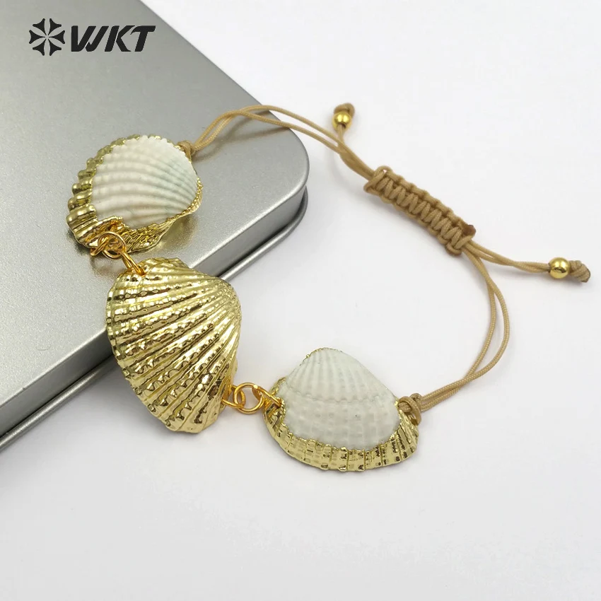 

WKT WT-B440 Classic shell bracelet bohemian style ladies gold trim handmade white scallop shell bracelet jewelry