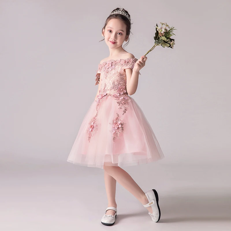 Pink Appliques Girl First Communion Dresses Shoulderless Kids Party Ball Gown Organza Flower Girl Dresses For Weddings