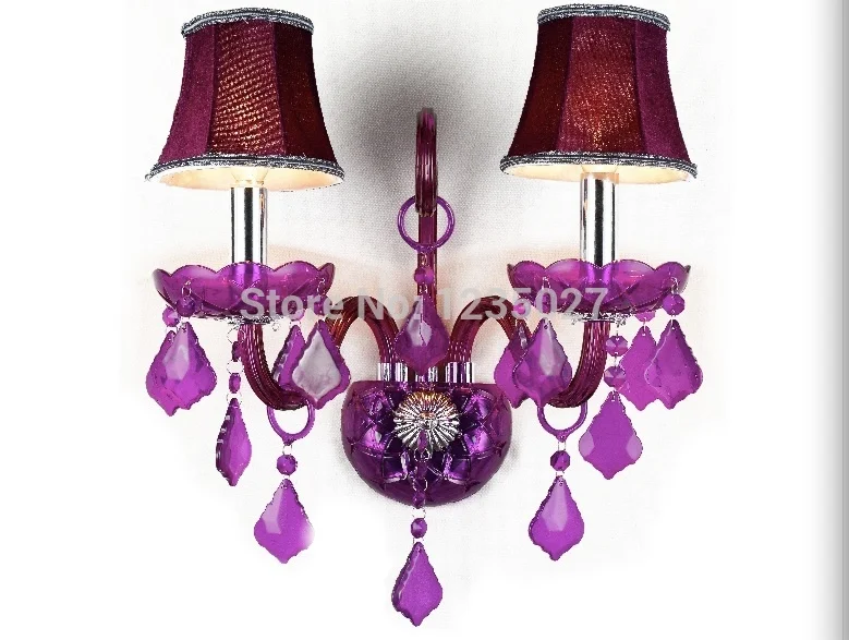 New Arrival Hotsale Purple Crystal Wall Lamp Candle Led E14 Bulbs Purple Fabric Lampshade 2 Lights 100% Guaranteed