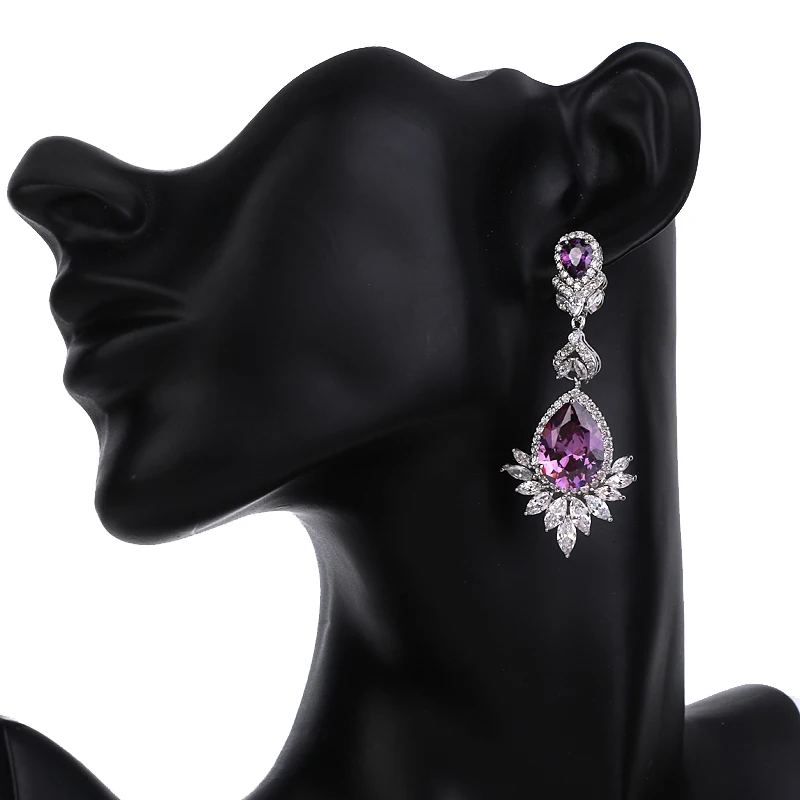 Emmaya Brand Sliver Color Water Drop Shape Purple Zircon Crystal Pendant Stud Earrings For Women Bridal Wedding Jewelry