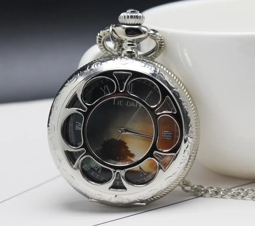 Silver Quartz Hollow out sunflower Tree Roman numerals Woman And Men Necklace pocket watches Gift watches P110863