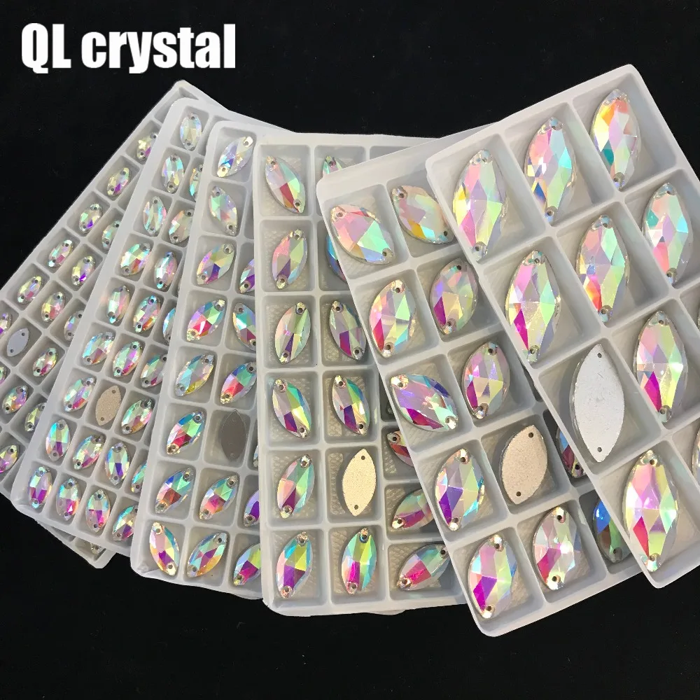 

QL crystal Glass Crystal Navette Sew on Rhinestones Colors Crystal AB Flatbck Marquise for DIY garment bags shoes wedding veil