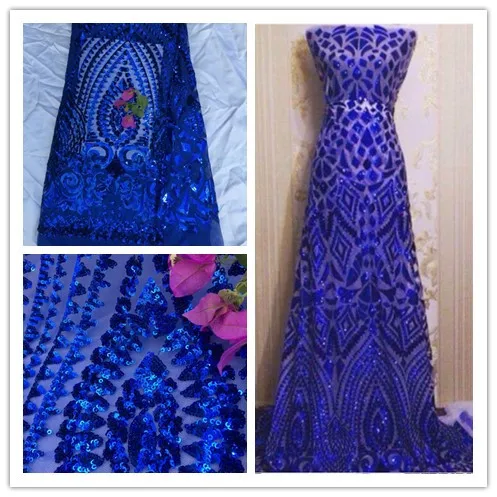 

New design sequins lace high Quality french Lace,with sequins royalblue color Lace Fabric for party dress