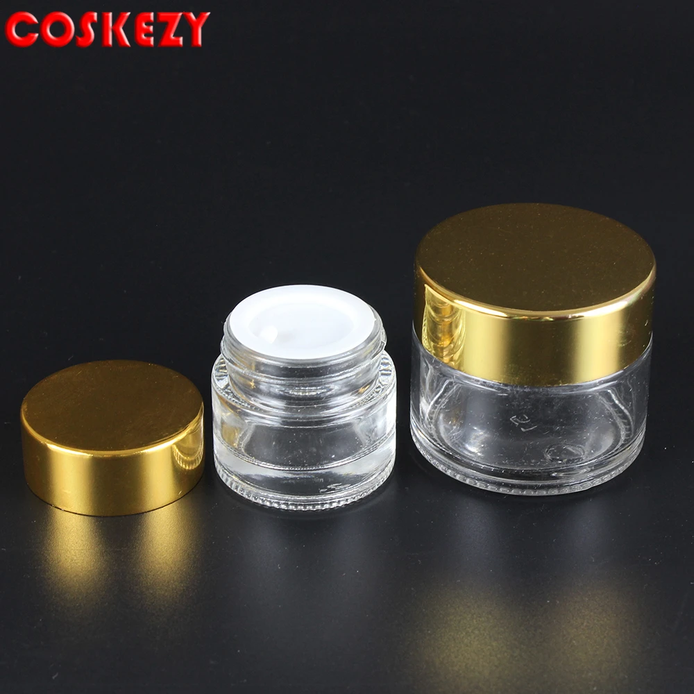 

15g clear cream jar with shiny gold aluminum lid, 15 g glass cosmetic jar packing for sample