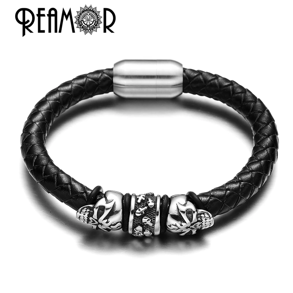 REAMOR 5pcs 316L Stainless Steel Beads Punk Skull Paracord Spacer Charm Beads For DIY Men Leather Bracelet Jewelry Findings