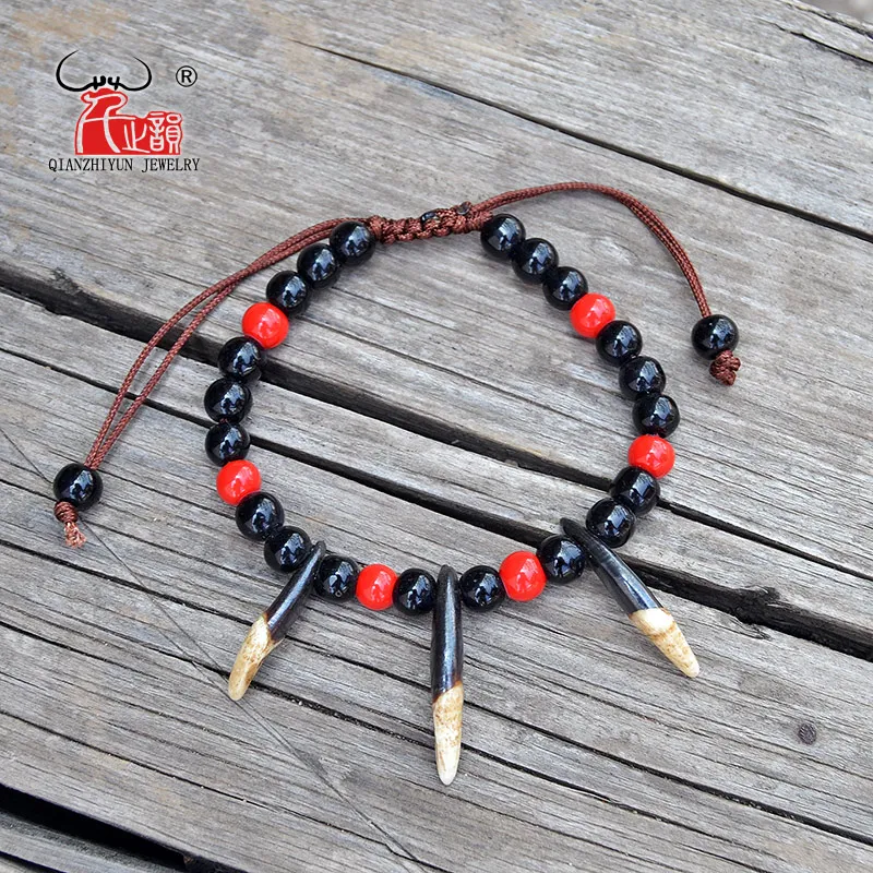 YS009 Natural bone punk bracelet wood beads bracelet men spike bracelet women Primitive tribes jewelry Fake wolf Tooth Bangles