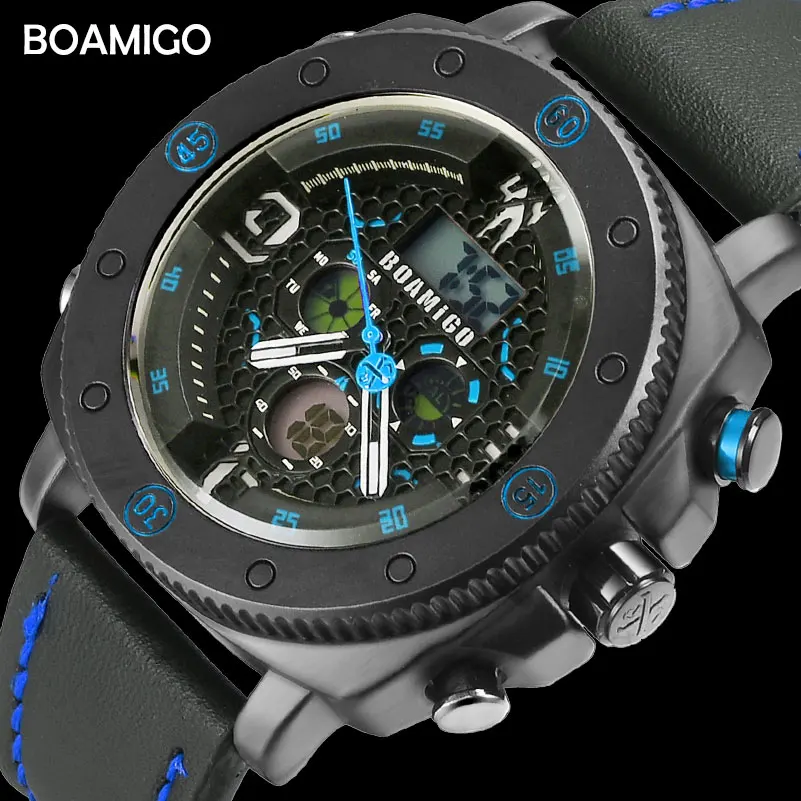 Boamigo Merk Mannen Sport Horloges Mode Quartz Led Digitale Horloges Waterdicht Leer Klok Reloj Hombre Relogio Masculino