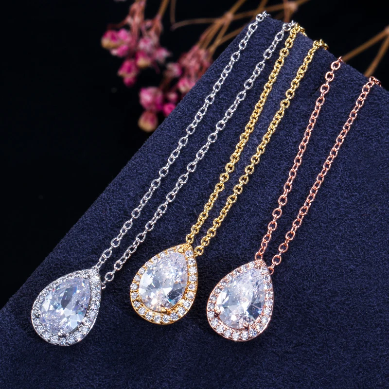 CWWZircons Tear Drop Design Simple Fashion Pear Cut Cubic Zirconia Necklace Pendant and Earrings Jewelry Sets For Women T058