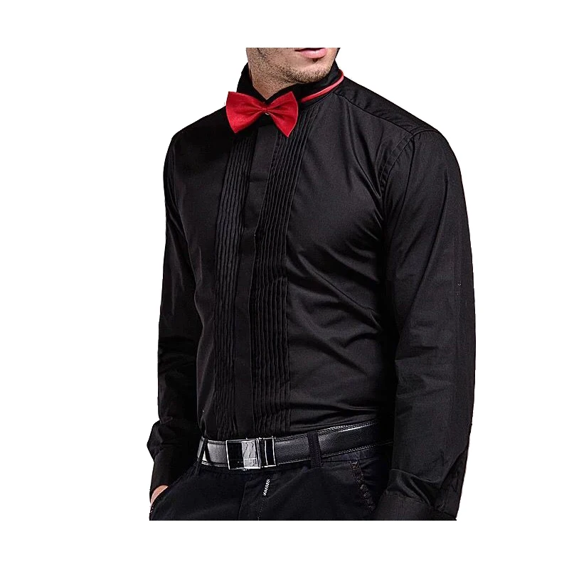 Shenrun Men's Wing Collar Shirt Long Sleeve Black Fashion Solid Color Groom Shirts Business Party Prom Singer Musician Costumes