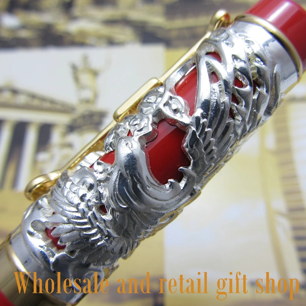 2pcs  Jinhao pen Long Feng heavy silver red Chinese classical luck clip and pen bag fountain pen