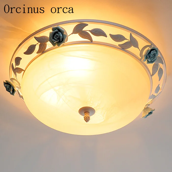 

Mediterranean flower glass ceiling lamp living room dining room garden style simple warm iron round ceiling light free shipping