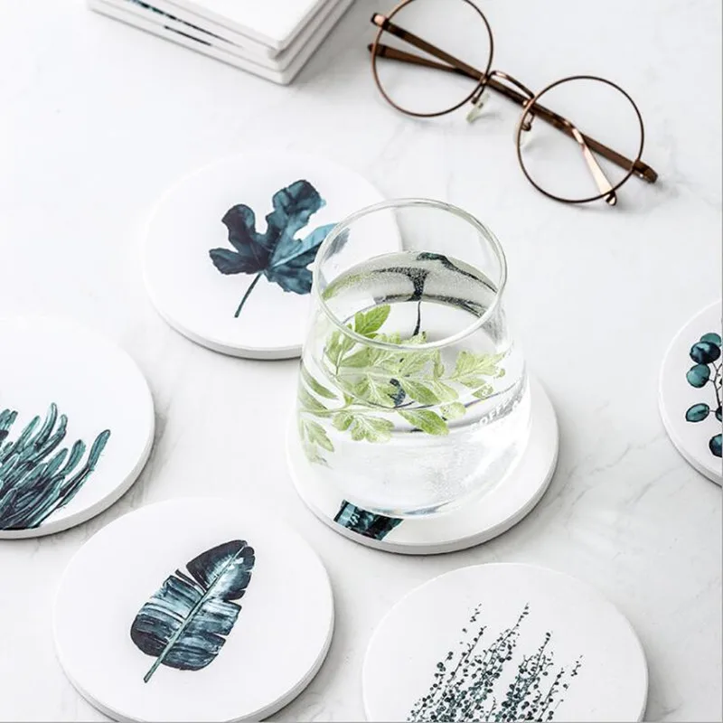 CFen A\'s Green Plant Drink Coasters Ceramic Coaster Tea Cup Pad Round Table Mat Coaster Coffee Tea Cup Place Mats 1pc