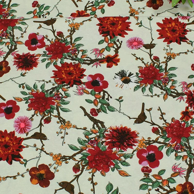 cotton and linen red flower plum Chinese Hwamei floral printed textile for DIY handwork tablecloth curtains blouse dress fabric